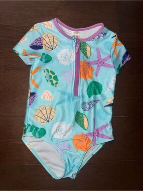 Cat & Jack Aqua One-Piece Swimsuit with Purple Trim and Multicolor Shell Print